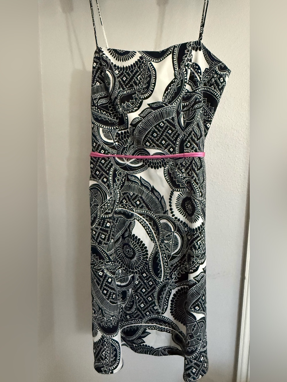 ABS Allen Schwartz Black & White Paisley Midi Dress with Pink Waist Accent